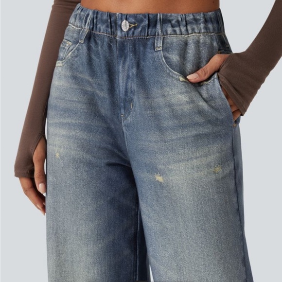 NWT Halara Mid Rise french terry denim sweat-pant jeans with pockets - Picture 2 of 13